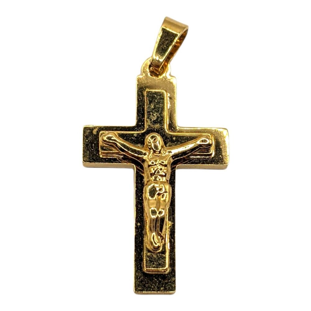 Crucifix Cross Pendant Stainless Steel Gold Tone Jesus Easter Religious